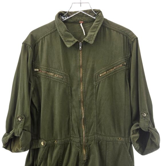 Free People Isla Jumper Womens 10 Flight Suit Aviator Olive Green Cotton Lyocel - Picture 3 of 14